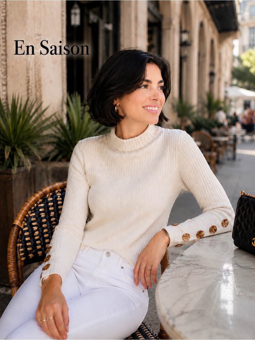 🌸En Saison Cream Ribbed Turtleneck Sweater with Button-Trim Sleeves M old money